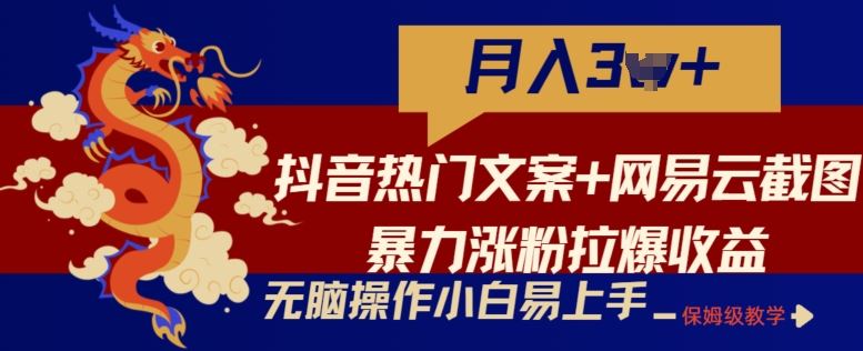 抖音热门文案+网易云截图暴力涨粉拉爆收益玩法,小白无脑操作,简单易上手【揭秘】-解忧云网络