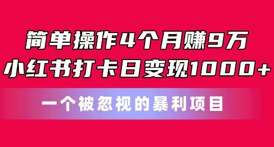 简单操作4个月赚9w,小红书打卡日变现1k,一个被忽视的暴力项目【揭秘】-解忧云网络