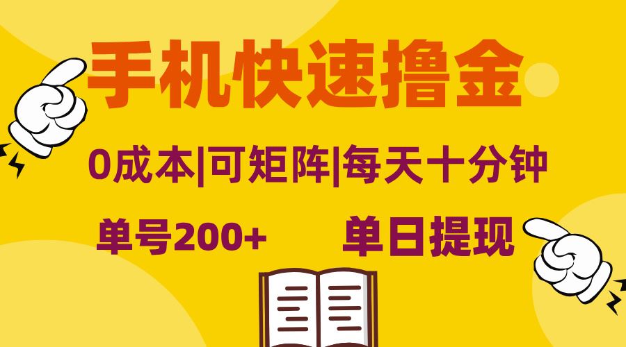 (13090期)手机快速撸金,单号日赚200+,可矩阵,0成本,当日提现,无脑操作-解忧云网络