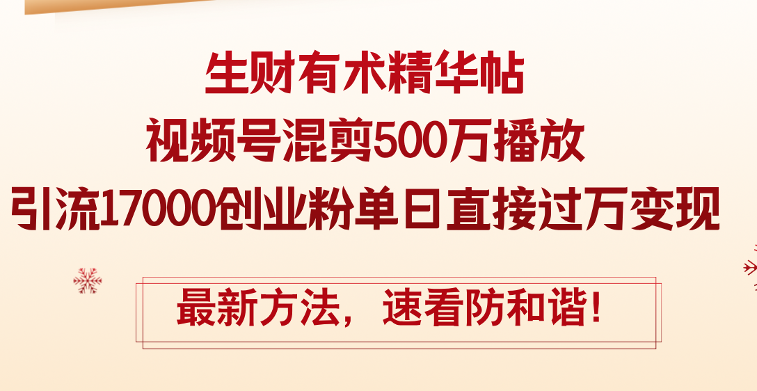 （12391期）精华帖视频号混剪500万播放引流17000创业粉，单日直接过万变现，最新方…-解忧云网络